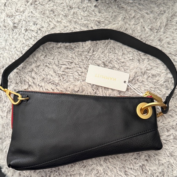 Hammitt Nash Pochette Black Clutch with Gold Accents Red Zipper NWT - Picture 2 of 3